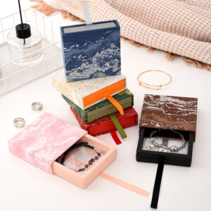 Luxury Marble Gold Foil Custom Jewelry Gift Box, Two-Piece Rigid Bracelet Ring Packaging Box with Ribbon, Multi Color Ink Wash Texture Jewelry Storage Box for Small Accessories