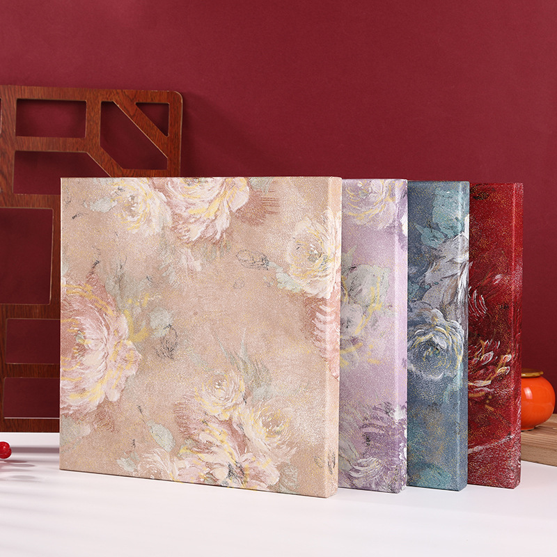Flat rectangular floral print apparel gift boxes with vintage oil painting peony pattern, 4 Morandi color options, rigid cardboard empty packaging boxes for scarves lingerie clothing gifts