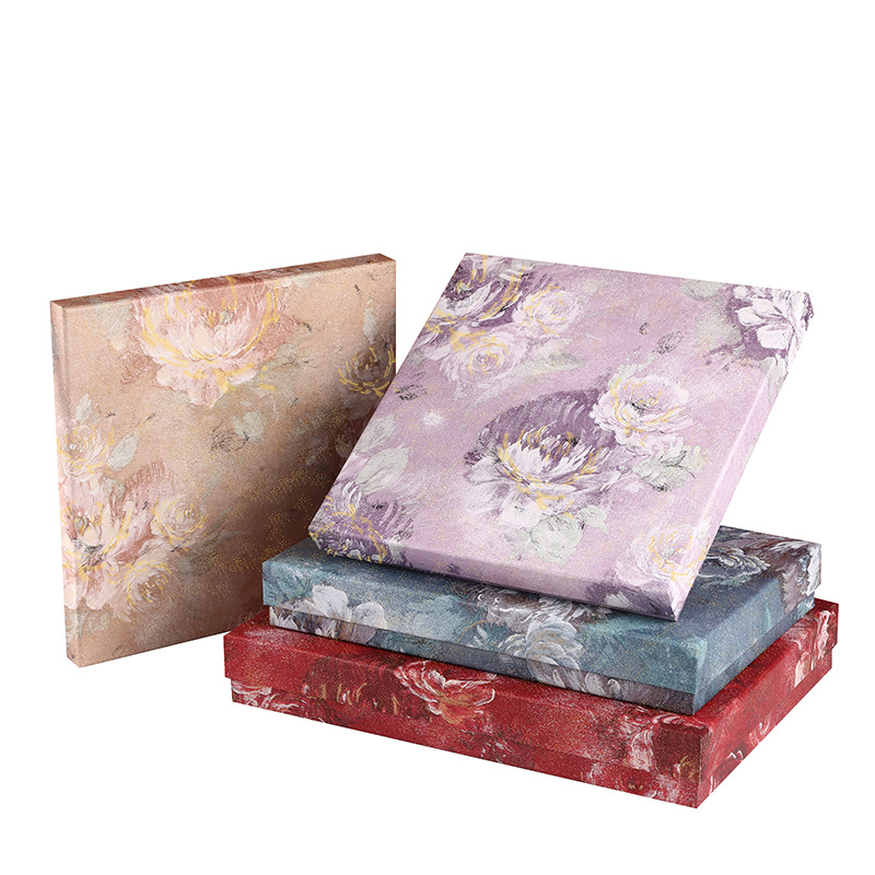 Flat rectangular floral print apparel gift boxes with vintage oil painting peony pattern, 4 Morandi color options, rigid cardboard empty packaging boxes for scarves lingerie clothing gifts