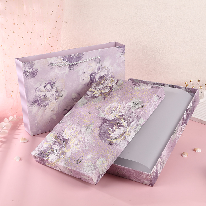 Flat rectangular floral print apparel gift boxes with vintage oil painting peony pattern, 4 Morandi color options, rigid cardboard empty packaging boxes for scarves lingerie clothing gifts