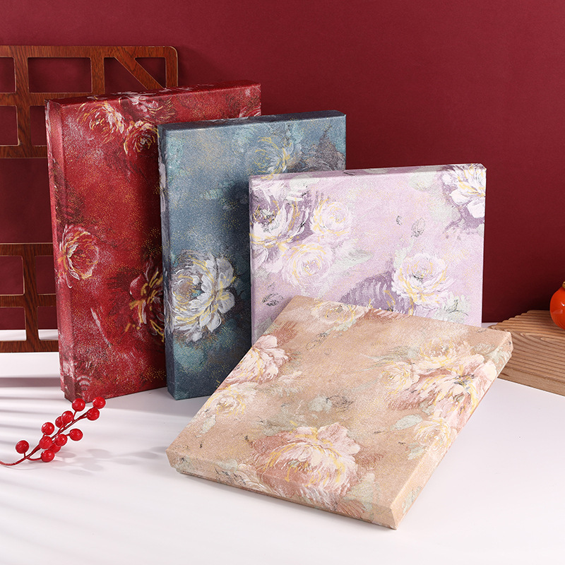 Flat rectangular floral print apparel gift boxes with vintage oil painting peony pattern, 4 Morandi color options, rigid cardboard empty packaging boxes for scarves lingerie clothing gifts