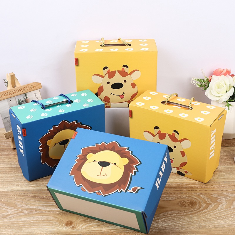 Cartoon animal kids shoe packaging boxes with rope handle, cute lion giraffe printed baby shoe gift boxes