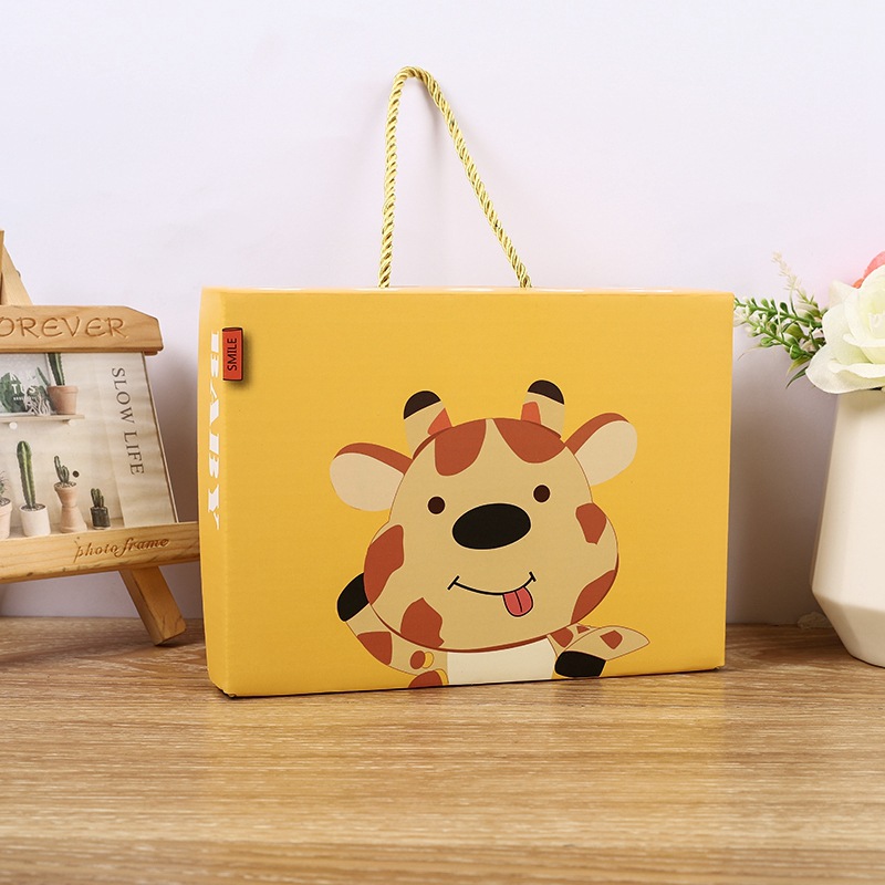 Cartoon animal kids shoe packaging boxes with rope handle, cute lion giraffe printed baby shoe gift boxes