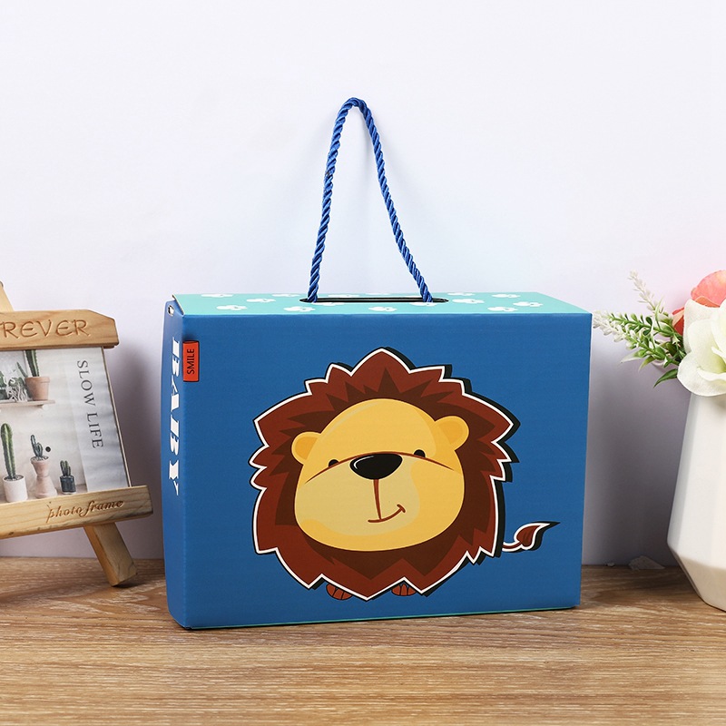Cartoon animal kids shoe packaging boxes with rope handle, cute lion giraffe printed baby shoe gift boxes