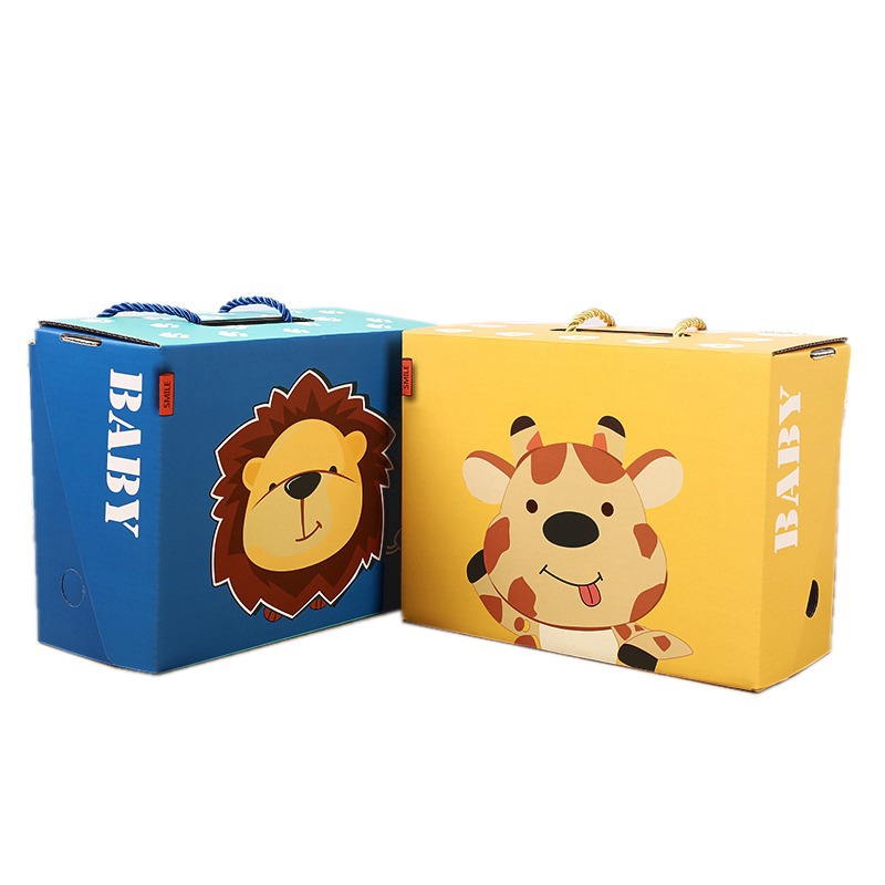 Cartoon animal kids shoe packaging boxes with rope handle, cute lion giraffe printed baby shoe gift boxes
