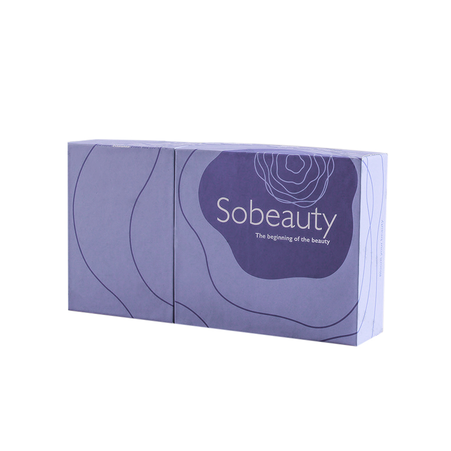 Open lavender double-door cosmetic packaging box, custom cut EVA liner interior for skincare beauty tools, branded print cosmetic gift box with shockproof foam insert, custom logo makeup set packaging box