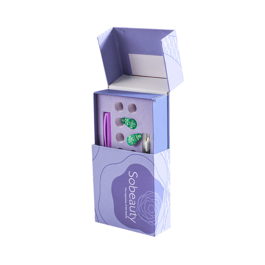 Open lavender double-door cosmetic packaging box, custom cut EVA liner interior for skincare beauty tools, branded print cosmetic gift box with shockproof foam insert, custom logo makeup set packaging box