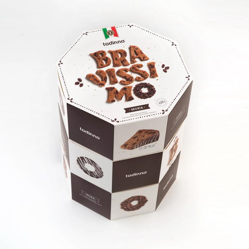Premium hexagonal cookie gift box, rigid octagonal mocha biscuit food packaging box with Italian style custom print